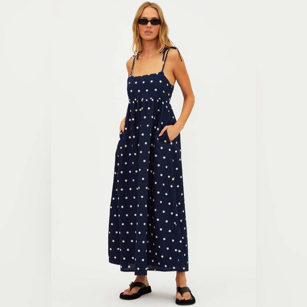 BEACH RIOT Valory Maxi Dress Navy Polka Dot Linen, Size Medium, $198